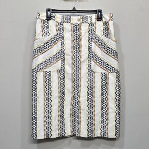 Anthropologie Quincy Midi Pencil Skirt Women 12 White Embroidered Striped Eyelet